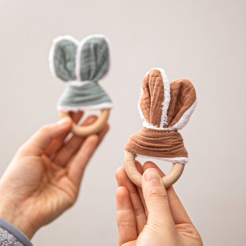 Pendiente de conejo de madera para bebé, mordedor de dentición, juguete sensorial de grado alimenticio para entrenamiento, mordedores, regalo de Ducha