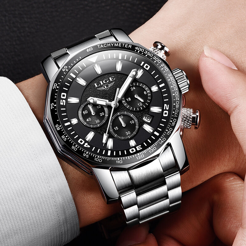 LIGE Top Brand Luxury Mens Watches Full Steel Watch Male Military Sport Waterproof Watch Men Quartz Clock+Box Relogio Masculino