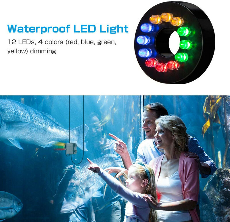 Fonte submersível ultra silenciosa, fonte para aquários com filtro de água, 12 luzes de led, à prova d'água, 15w