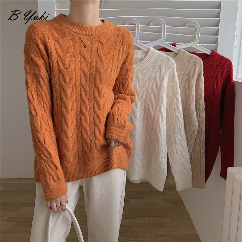 Blesyuki-suéteres de punto con giro para mujer, suéteres de gran tamaño, sólido, informal, grueso, con cuello redondo, suave, Coreano