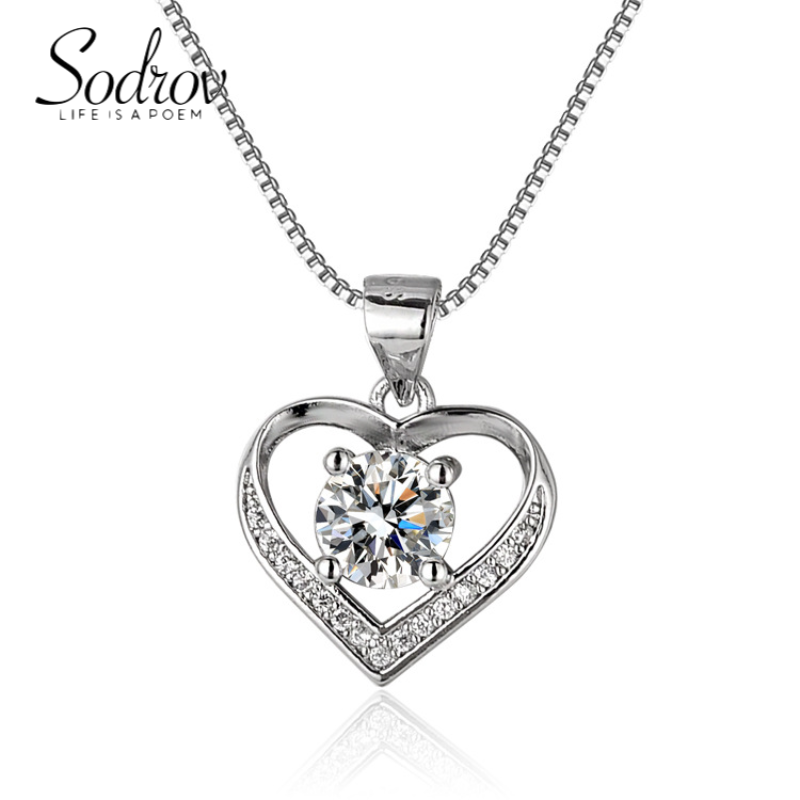 SODROV Sterling Silver Zircon Diamond Necklace Heart Pendant Necklace for Women Silver Jewlery