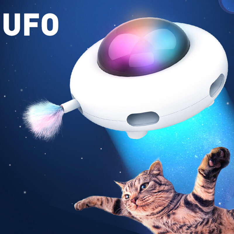 Feather Stick Spinning สัตว์เลี้ยง Turntable จับของเล่นการฝึกอบรมอัตโนมัติหมุน UFO ของเล่นอิเล็กทรอนิกส์แบบโต้ต...