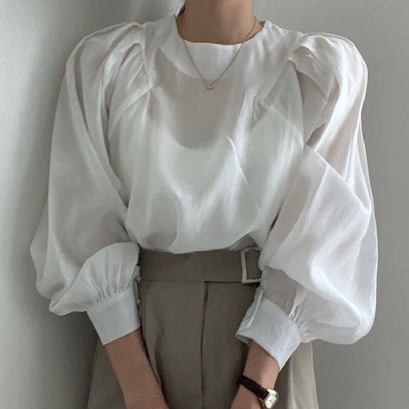 Bluzka 2021 jesień nowa wersja koreańska francuska prosta koszula z bufkami w okrągłym dekolcie Temperament Casual Top w jednolitym kolorze Fashion