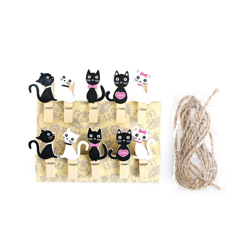 10pcs Wholesale Japanese Cat Wooden Clips With Hemp Rope Mini Nice Food Clip Kawaii Wood Paper Clip For Bag Students' DIY Tools