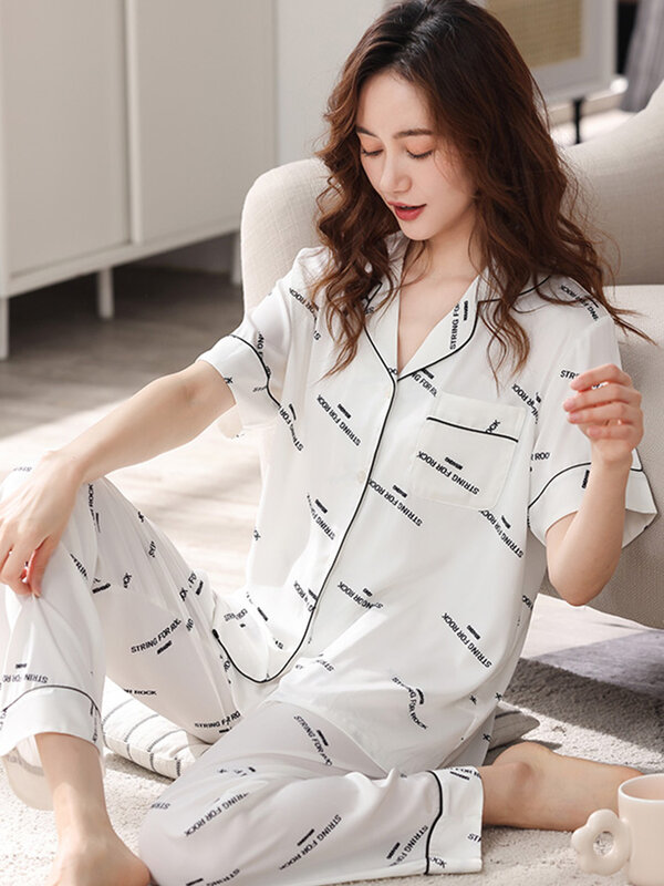 Mùa Hè 2022 Bộ Đồ Ngủ Bộ Cho Nữ Ice Silk Ngắn Tay Pyjamas Bộ Chữ Đồ Ngủ Homewear Cho Nữ Nhà Quần Áo bộ Pijama Mujer