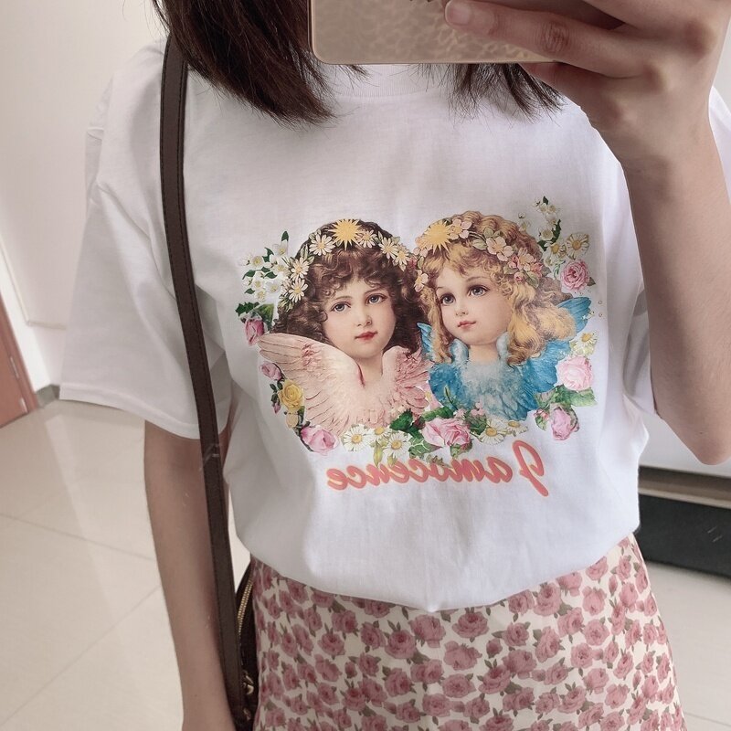 1pcs bonito anjo beijo pintura feminina tumblr moda bonito camiseta floral anjo t shirt feminino verão casual manga curta