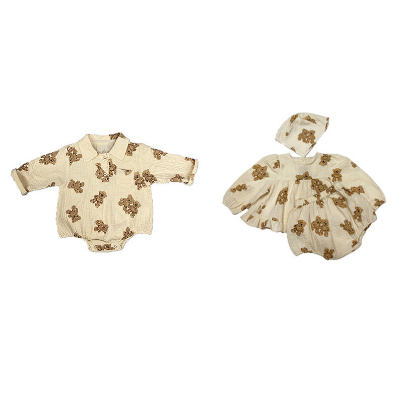 Urso impressão bebê macacão infantil manga longa outono roupas de bebê menino com bottoms