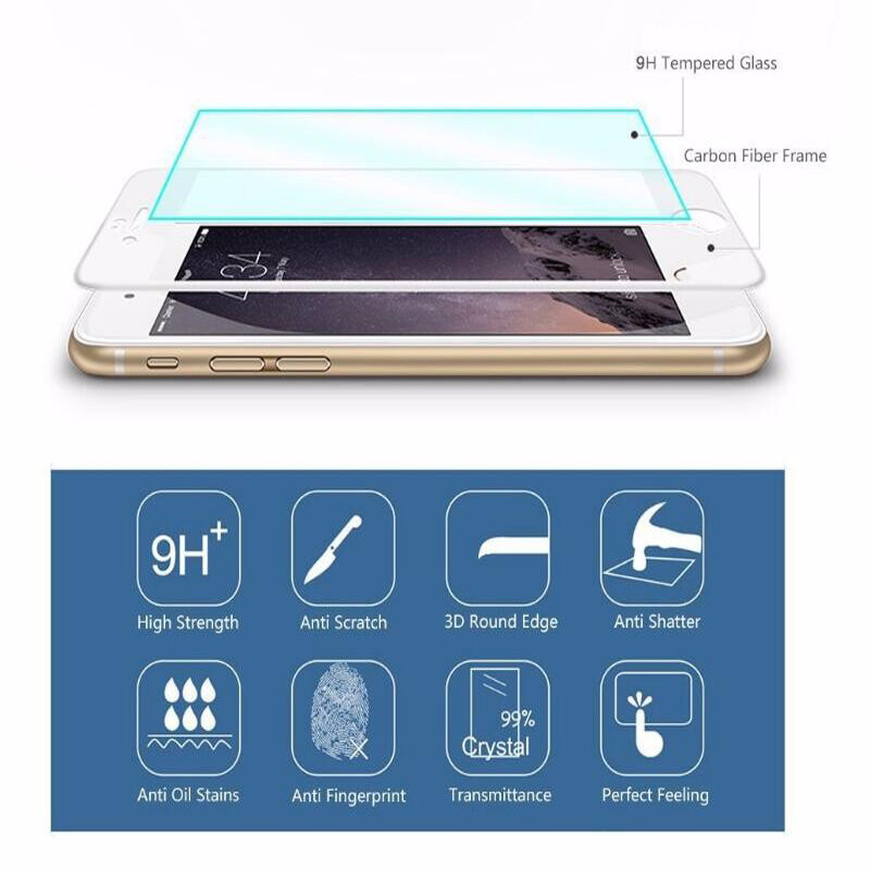 Película protetora de tela 9h 0.26mm, fibra de carbono brilhante, borda macia, vidro temperado para iphone 6, 6s, plus, 7