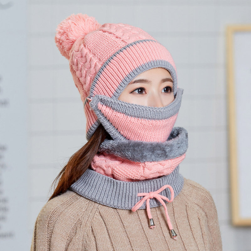 Women's Winter Hat Mask Bib 3 Piece Set Velvet Thick Knitted Hat Warm Ear Protection Mixed Color Woolen Hat for Women Caps