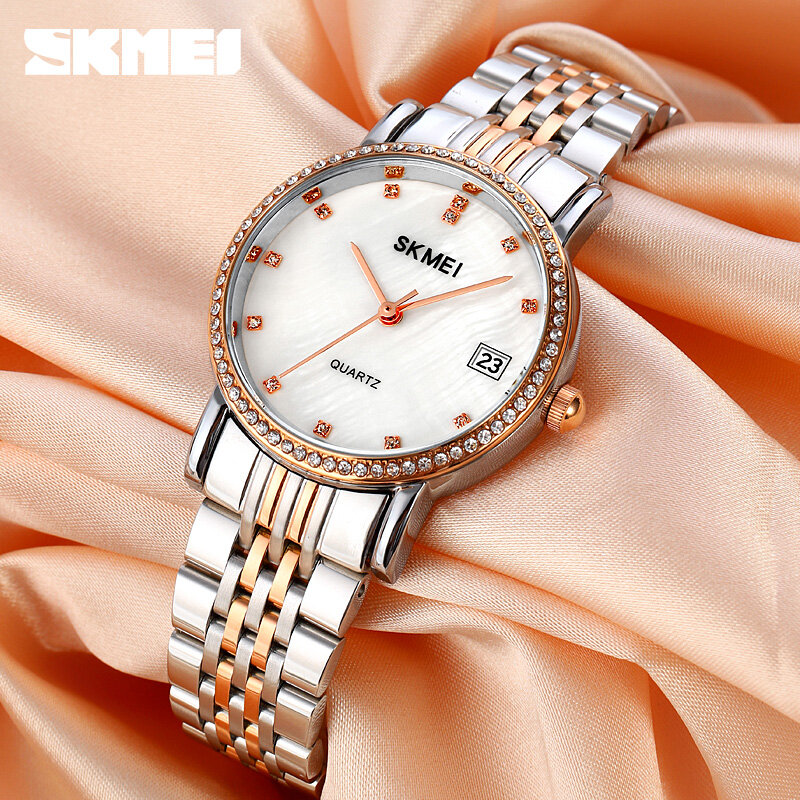 Marca SKMEI relojes de mujer de moda Casual señoras reloj de cuarzo pulsera Simple de oro rosa de acero inoxidable de lujo relojes de mujer