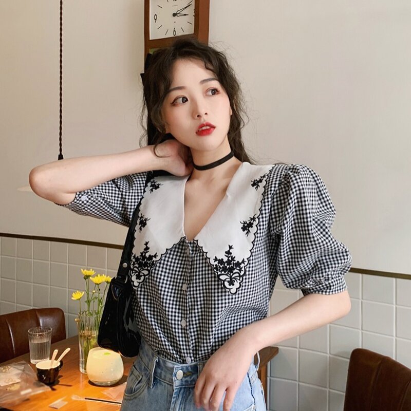 Camisa de lapela puff manga design nicho flor bordado feminino casual blusa doce s1