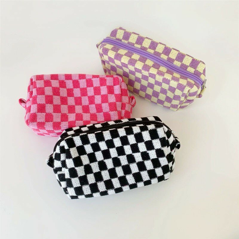 Lattice Cosmetic Bag Hit Color Knitted Fabric Makeup Organizer Bags Travel Toiletry Bag For Women Zipper Beauty Case Pencil Case