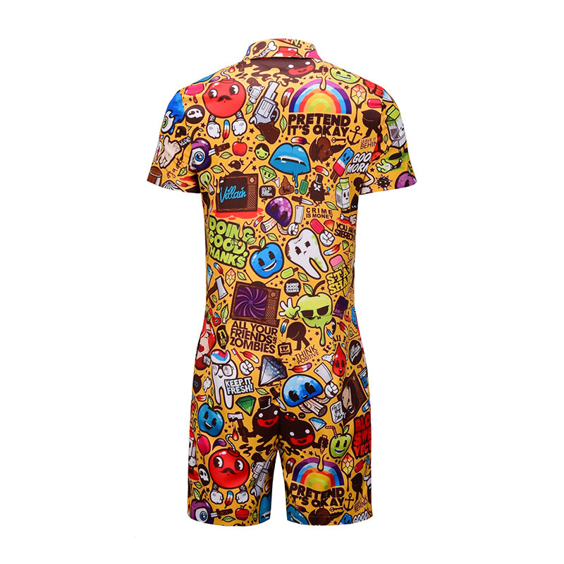 ショートメンズジャンプスーツパジャマファッションパジャマ男性のパジャマ半袖ジャンプスーツ男性フル漫画の印刷大人のカバーオール