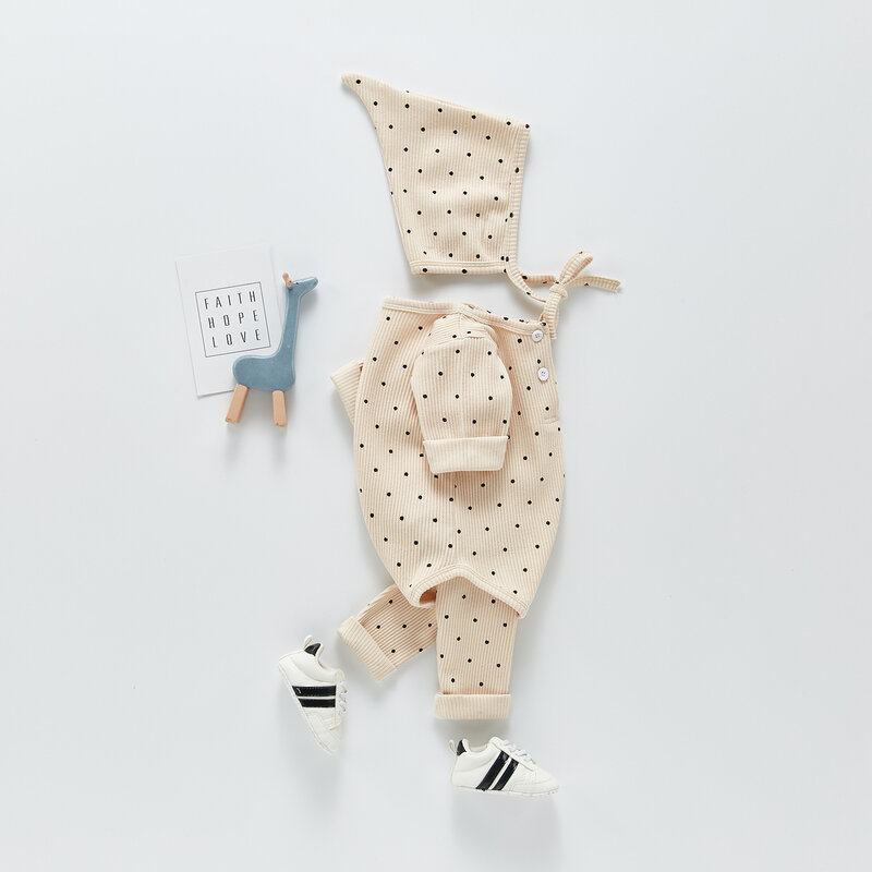 Yg Autumn Baby Climbing Suit 0-2 Years Old Suit Dot Bottomed Khaki + Leggings + Hat Three Piece Set
