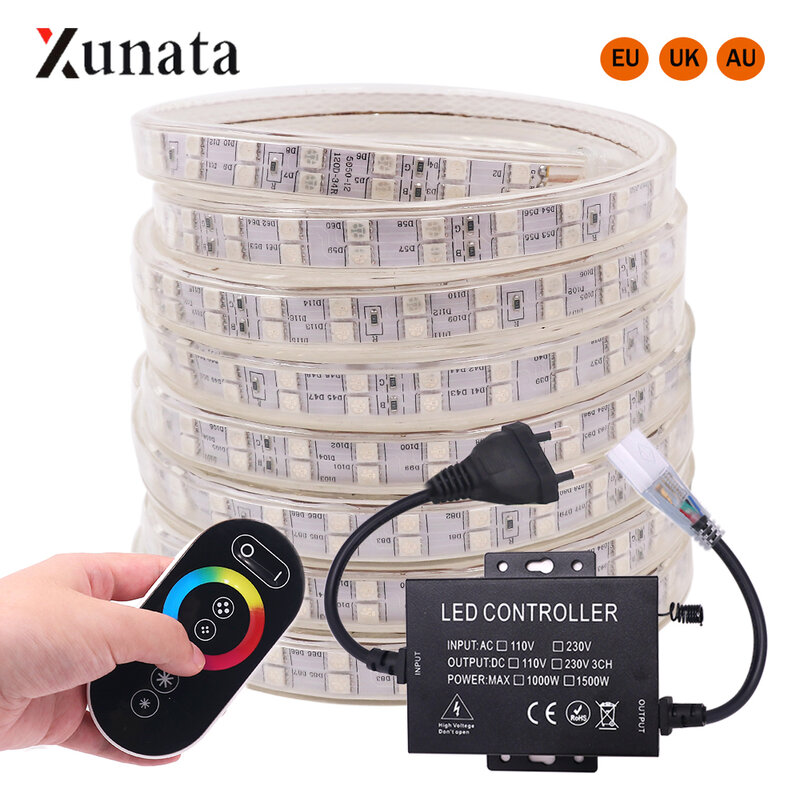 Bande lumineuse LED RGB 220V SMD5050, ruban d'éclairage Flexible, 60/120 diodes/M, étanche, Double rangée, avec télécommande EU/AU/UK