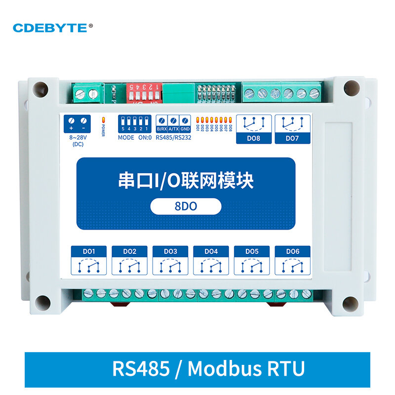 Modbus RTU Control I/O Modul Jaringan Port Seri Antarmuka RS485 8DO CDEBYTE MA01-XXCX0080 Instalasi Rel 8 ~ 28VDC IoT