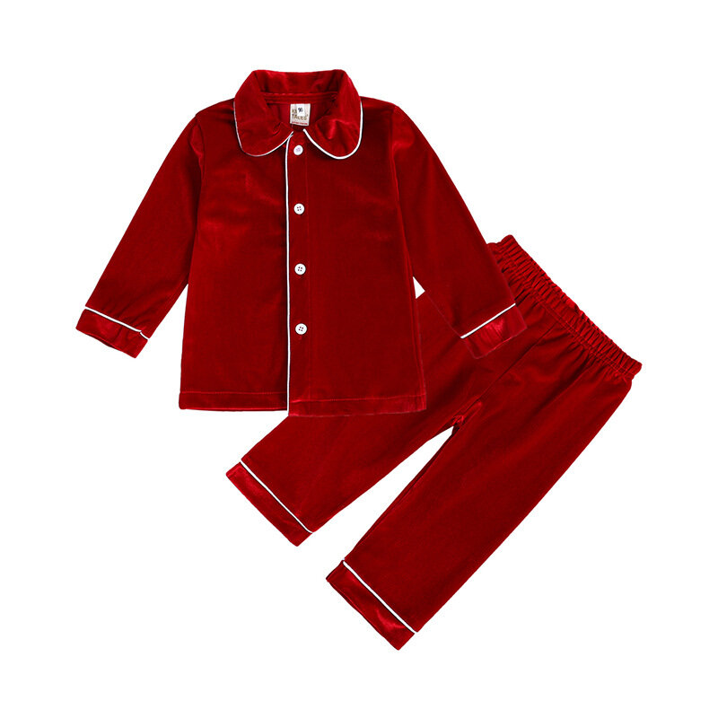 Ensemble de vêtements de noël pour enfants, pyjama d'hiver rouge à volants, manches longues, velours solide, doux, pour garçons, 2021