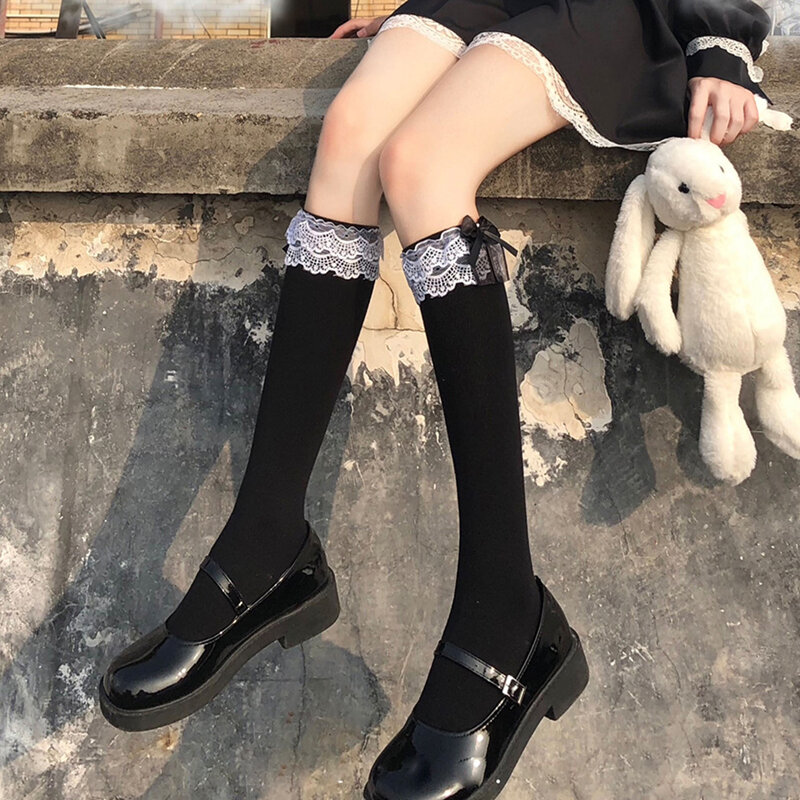 Lolita menina mágica bowknot meias gótico feminino preto branco meia laço japonês respirável jk sexy feminino meia-calça