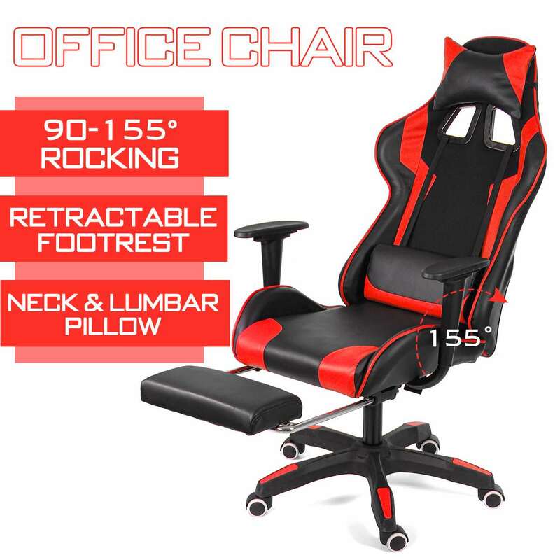 Cadeira gamer 155 ° para escritório, encosto alto, poltrona reclinável para computador e couro sintético