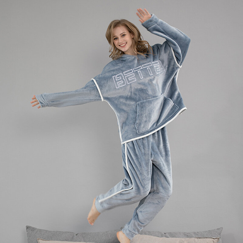 ชุดนอนผ้าลินินชุดลำลองหลวมๆคู่ฤดูหนาว Pijama ชุด2 Pcs ยาวกางเกงหนาเสื้อผ้าผู้หญิงชุดนอน