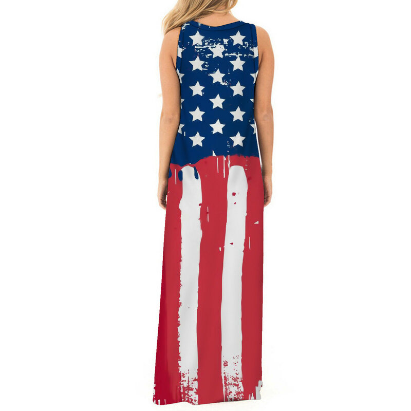 Fashion Women Casual Independence Day Printing O-Neck Sleeveless Tank Dress