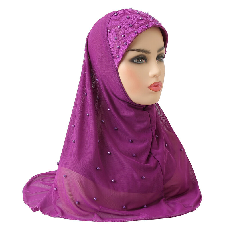 Muzułmanin natychmiastowy hidżab szalik moda dwuwarstwowa przędza netto perła okłady chusty arabski islamski modlić kapelusz Turban Amira Cape Headwrap