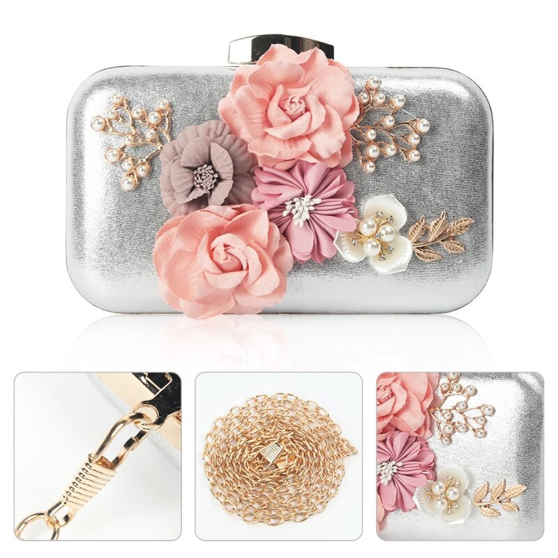 Bolso de mano de lujo para fiesta de boda para mujer, cartera con cadena, accesorio de noche con flores