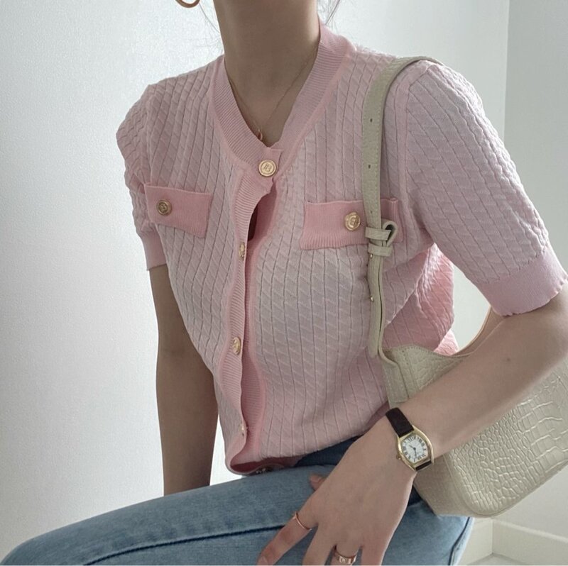 Cardigan d'été à manches courtes pour femmes, petit haut court coréen avec protection solaire, tricot fin, en soie glacée, nouvelle collection 2021