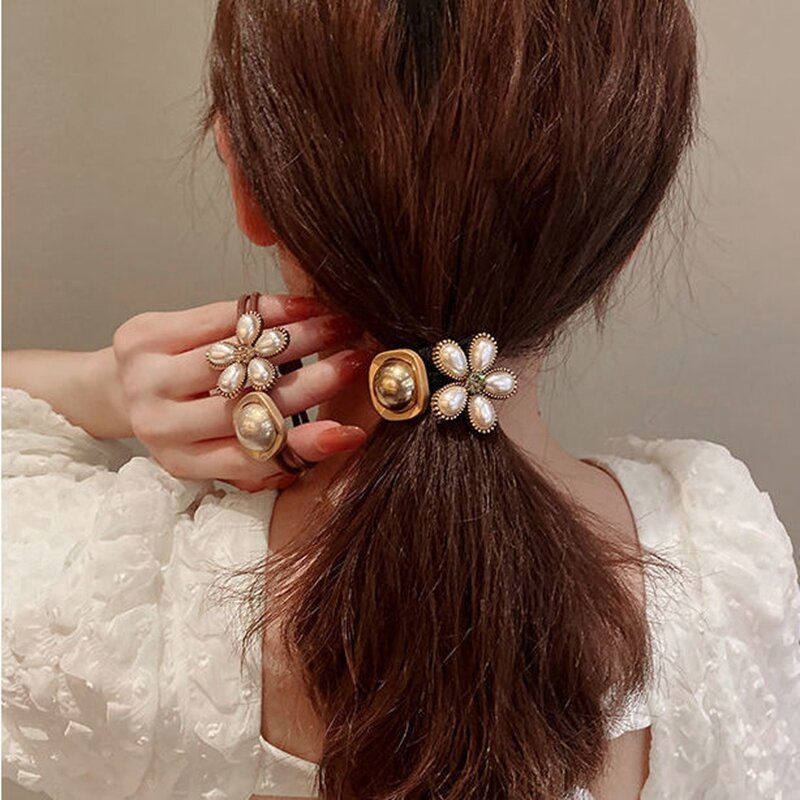 Macarone pérola flor elástico faixa de cabelo feminino quadrado corda de cabelo vintage marrom série barretes elegante diário senhora doce