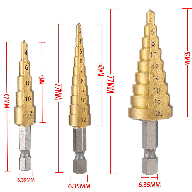 3-12mm 4-12mm 4-20mm HSS Set di punte per trapano a gradino con scanalatura dritta Set di punte per trapano con foro in metallo rivestito in titanio