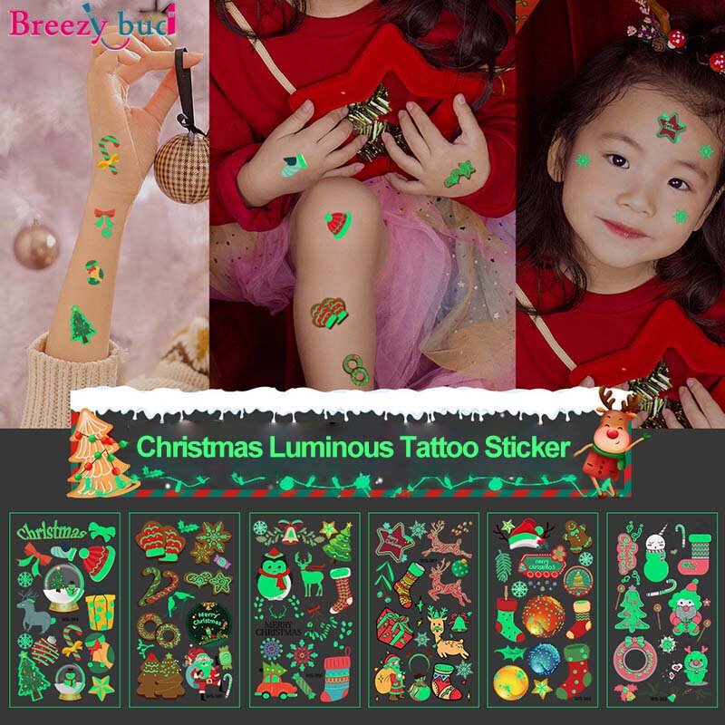 Stiker Tato Bercahaya Natal Anak-anak Tato Lengan Kaki Bercahaya Tato Palsu Sementara Pasta Bercahaya Di Wajah Stiker Seni Tubuh