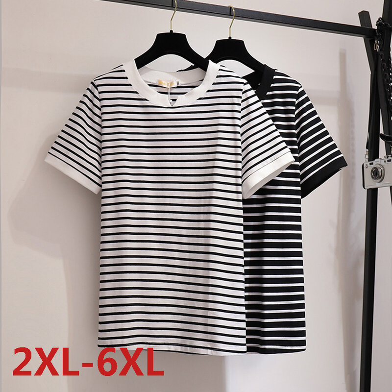 Plus Size 6XL O-hals Korte Mouwen Stripe Print Zomer Vrouwen T-shirt Katoen Vrouwelijke Losse Casual Grote T-shirt Top Tees