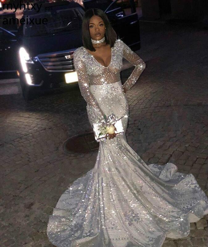 2020 New Arrival Full Sexy V-neck Floor-length White Sweep Train Mermaid Natural Sequin Regular Illusion Prom Dress Plus Size