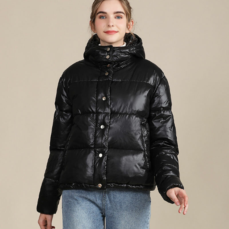 ฤดูหนาวเสื้อแจ็คเก็ต2021ทั้งหมด Foreacha Hooded Single Breasted แขนยาวผู้หญิงตรงกับสีดำสั้น Plus ขนาด