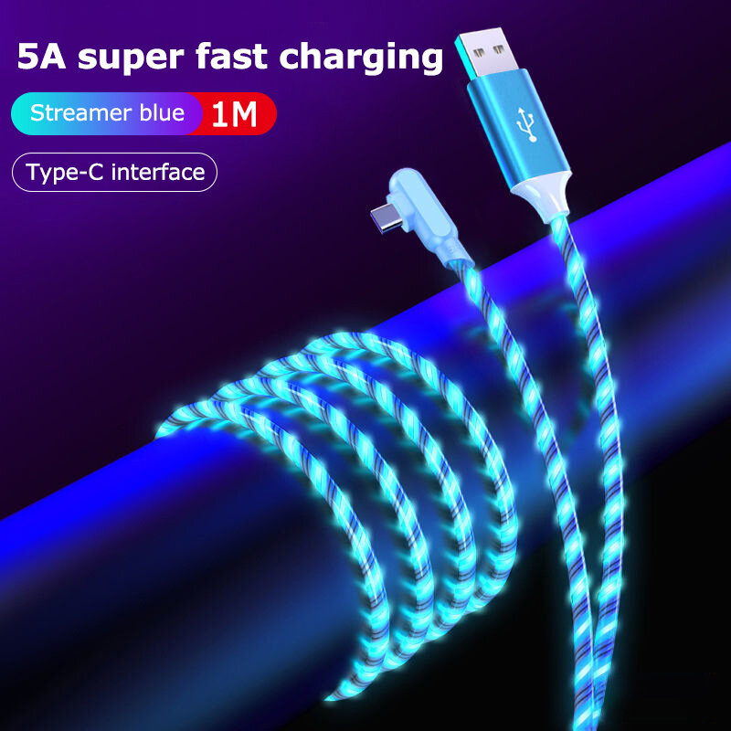 Cable de carga rápida para Samsung, Huawei, Micro USB tipo C, flujo luminoso, iluminación LED, Cable de datos, 1m/2m, 5A, codo, 90 grados