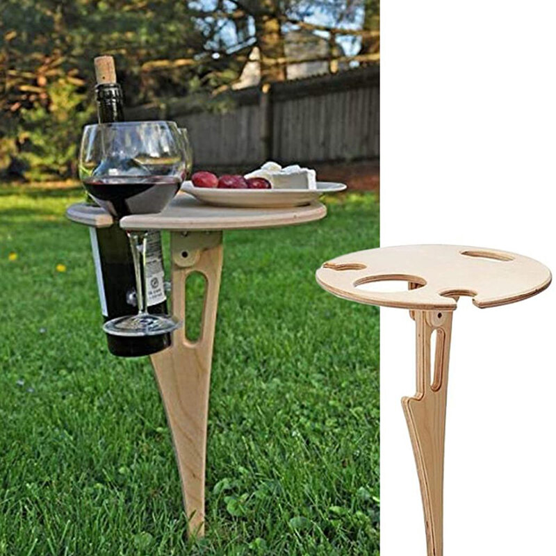Mesa de vino al aire libre con escritorio redondo plegable, Mini mesa de Picnic de madera, estante de vino fácil de llevar, envío directo