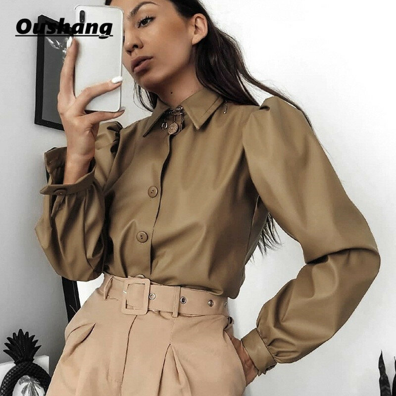 2020 New Women Shirts PU Leather Puff Sleeve Tops Casual Blouses Autumn Spring Lady Shirt Elegant Outwear Fashion Formal Female