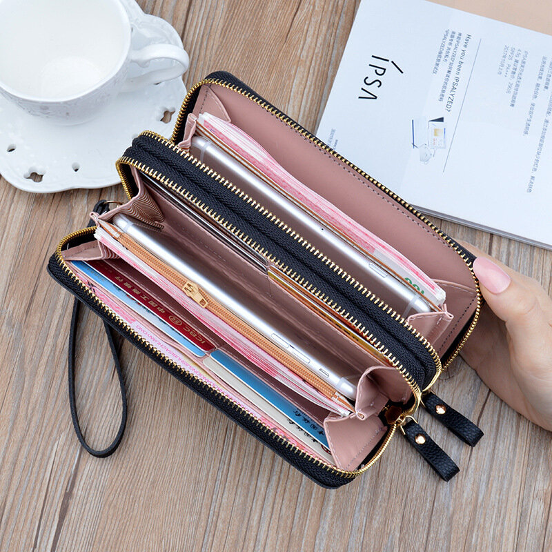 مزدوجة سستة محفظة اليد 2021 المرأة الجديدة محفظة طويلة الموضة ذات سعة كبيرة ذات الطابقين محفظة الهاتف المحمول حقيبة