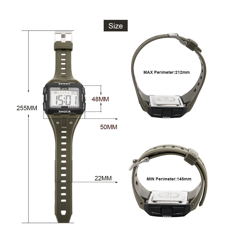 Легко читаемые цифровые часы 50 метров водонепроницаемые 50 мм большой циферблат Relogio Masculino