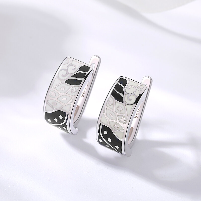Trendy Original 925 Silber Ohrringe Für Frauen Schwarz Weiß Emaille Muster Klassische Ohrringe Zirkonia Elegante Weibliche Schmuck