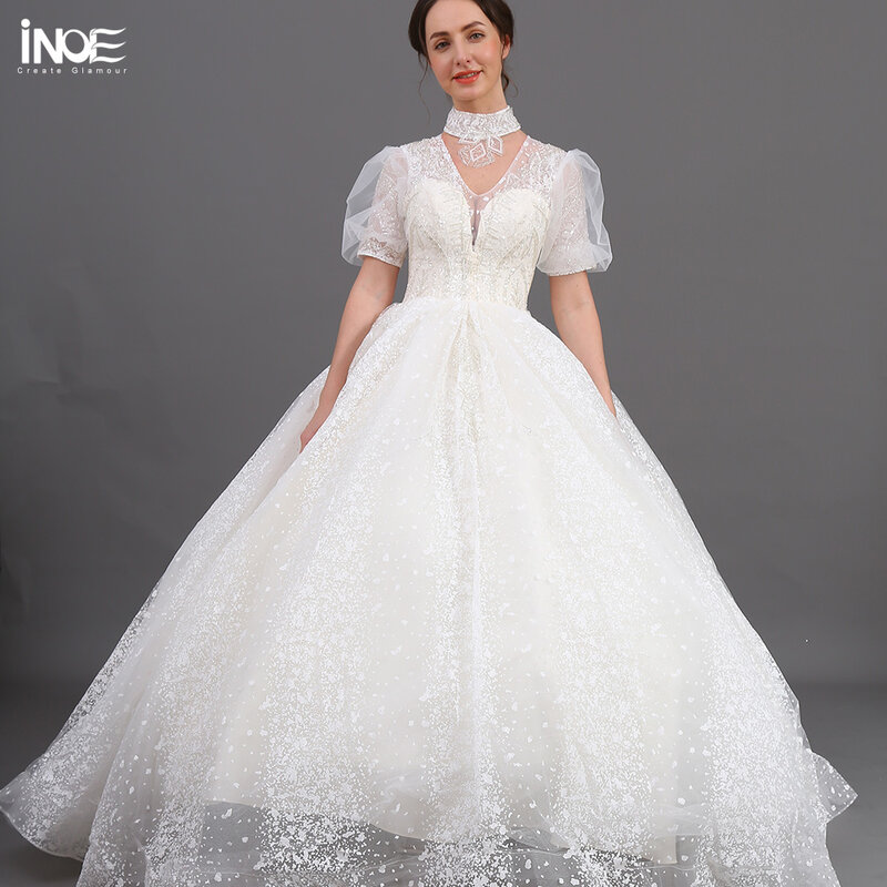 Inoe lucky vestido de noiva longo, feminino, vestido de baile de tule, lantejoulas, manga curta para festa, roupa de noiva fashion branca