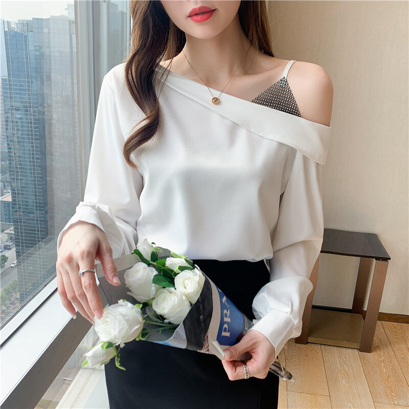 Yg Brand Women's 2021 Spring New Sexy Off Shoulder Suspender Chiffon Shirt Women's Charming Temperament Off Clavicle Top