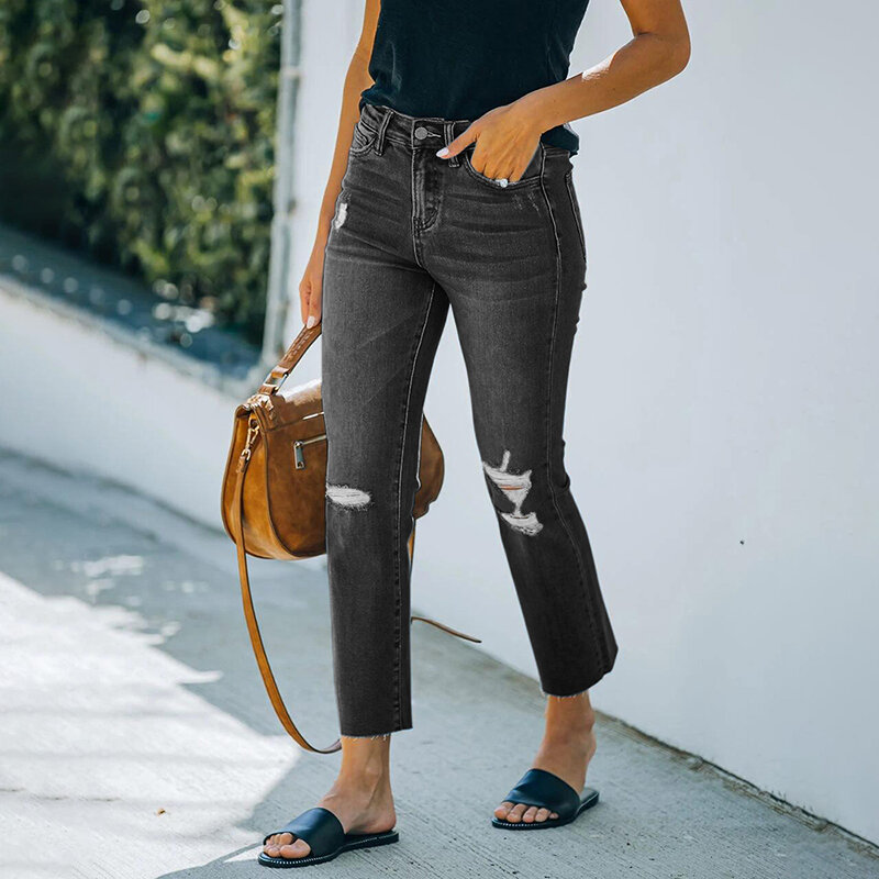 DIFIUPAI – pantalon crayon déchiré pour femme, taille mi-longue, Streetwear, noir/bleu