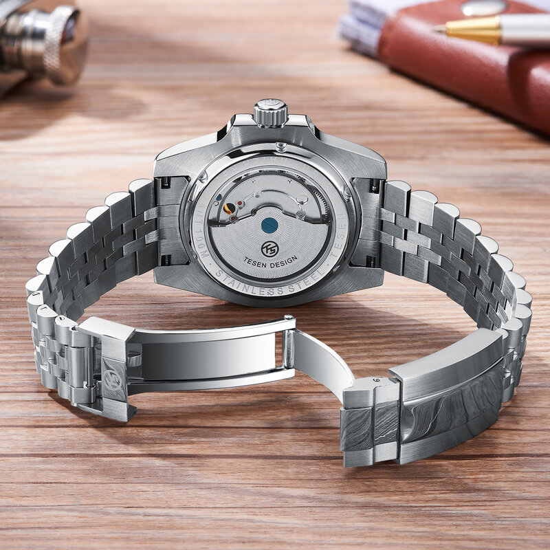 TESEN 남성용 비즈니스 시계, 최고 자동 기계식 방수 GMT 시계, 316L 스테인리스 스틸 손목시계
