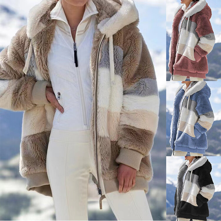 Nuova giacca da donna autunno e inverno felpa con cappuccio calda in peluche sciolto maglione Cardigan con cerniera a maniche lunghe Color block XL S -- 5xL