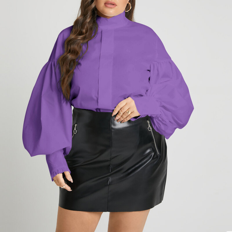 Celmia-Tops de talla grande para mujer, blusas de moda para fiesta con cuello levantado, camisas de manga farol, Túnica Lisa holgada informal 2022