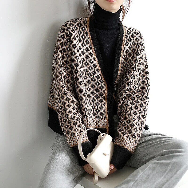 Knitted Sweater Houndstooth Cardigan Women V-Neck Long Sleeve Loose Casual Tops Lady Clothes Lattice Single-Breasted Buttons