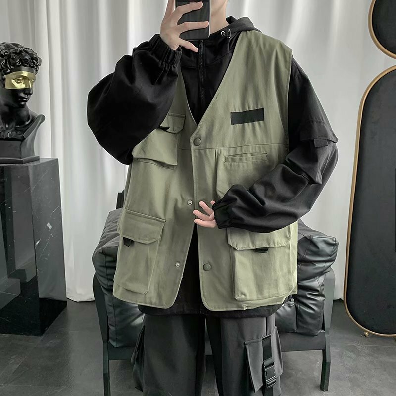 Carga masculina hip hop streetwear casaco com capuz falso dois algodão casaco coreano outono primavera roupas blusão bomber jaqueta