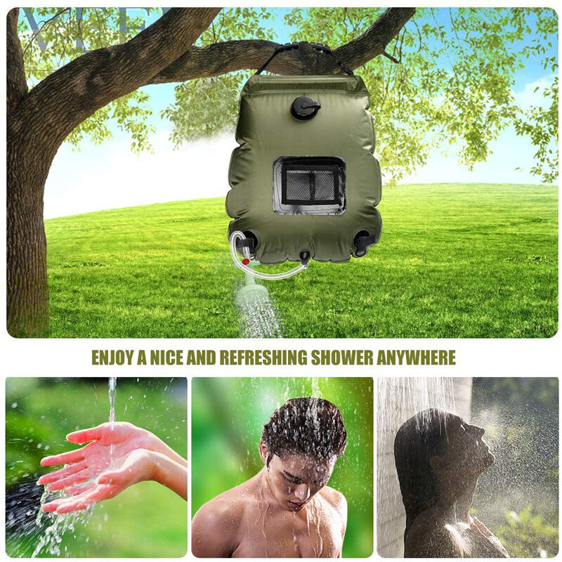 Bolsas de agua de 20L para acampar al aire libre, bolsa de ducha Solar para senderismo, calefacción, ducha de Camping, bolsa de hidratación, manguera conmutable, cabezal de ducha