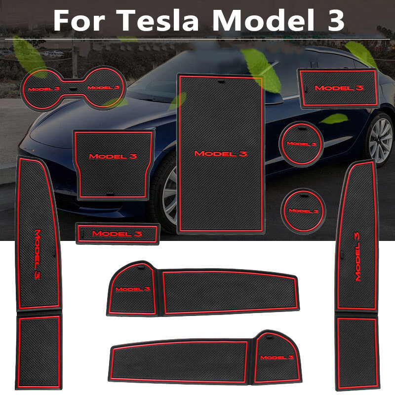 Estera de goma antideslizante con ranura para puerta, cojín para taza para 2019 ~ 2021 Tesla modelo 3, almohadilla para taza de agua, alfombrilla con ranura, accesorios interiores para coche, 13 piezas